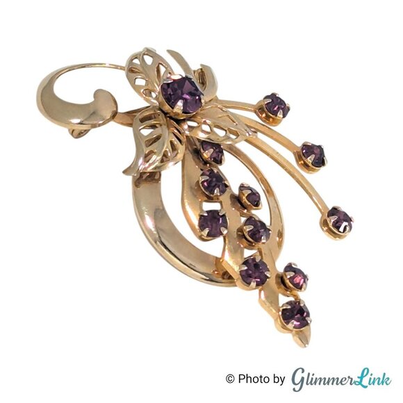 Vintage 1950s Purple Rhinestone Floral Spray Gold Tone Brooch Pendant - Picture 2 of 8